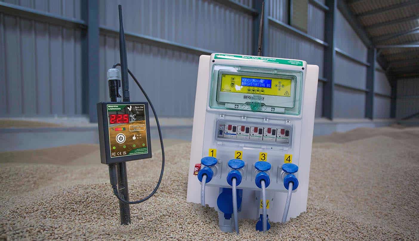 Barn owl wireless crop sensor and fan controller in pile of grain