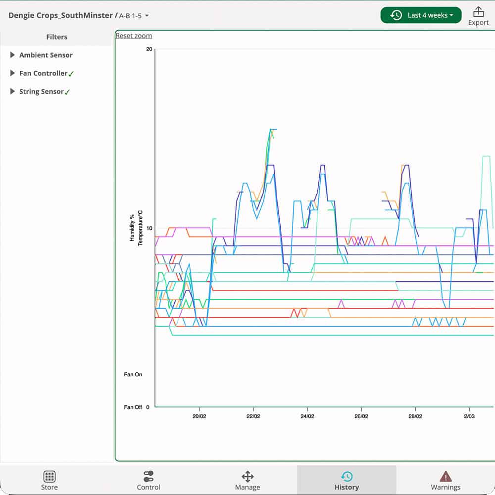 The Barn Owl Wireless results page lets you export grain storage data from the web app.