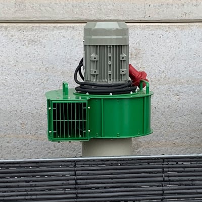Martin Lishman Pile-Dry Fan outside a grain store