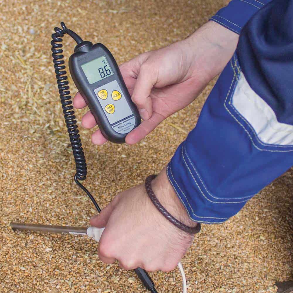 Mini-temp monitor with probe inside a grain store