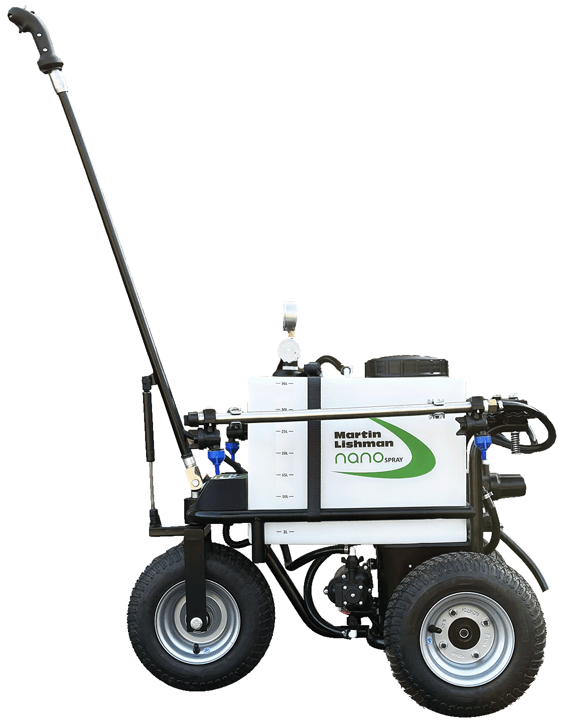 The Nano-Spray self propelled pedestrian sprayer folds up to fit through narrow passageways and gateways.