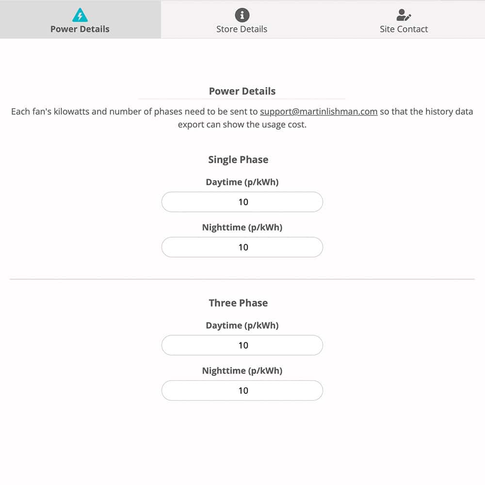 Barn Owl Wireless web app energy configuration screen