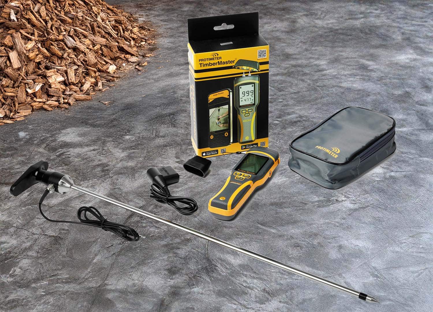 Protimeter Timbermaster woodchip moisture meter comes with a carry case